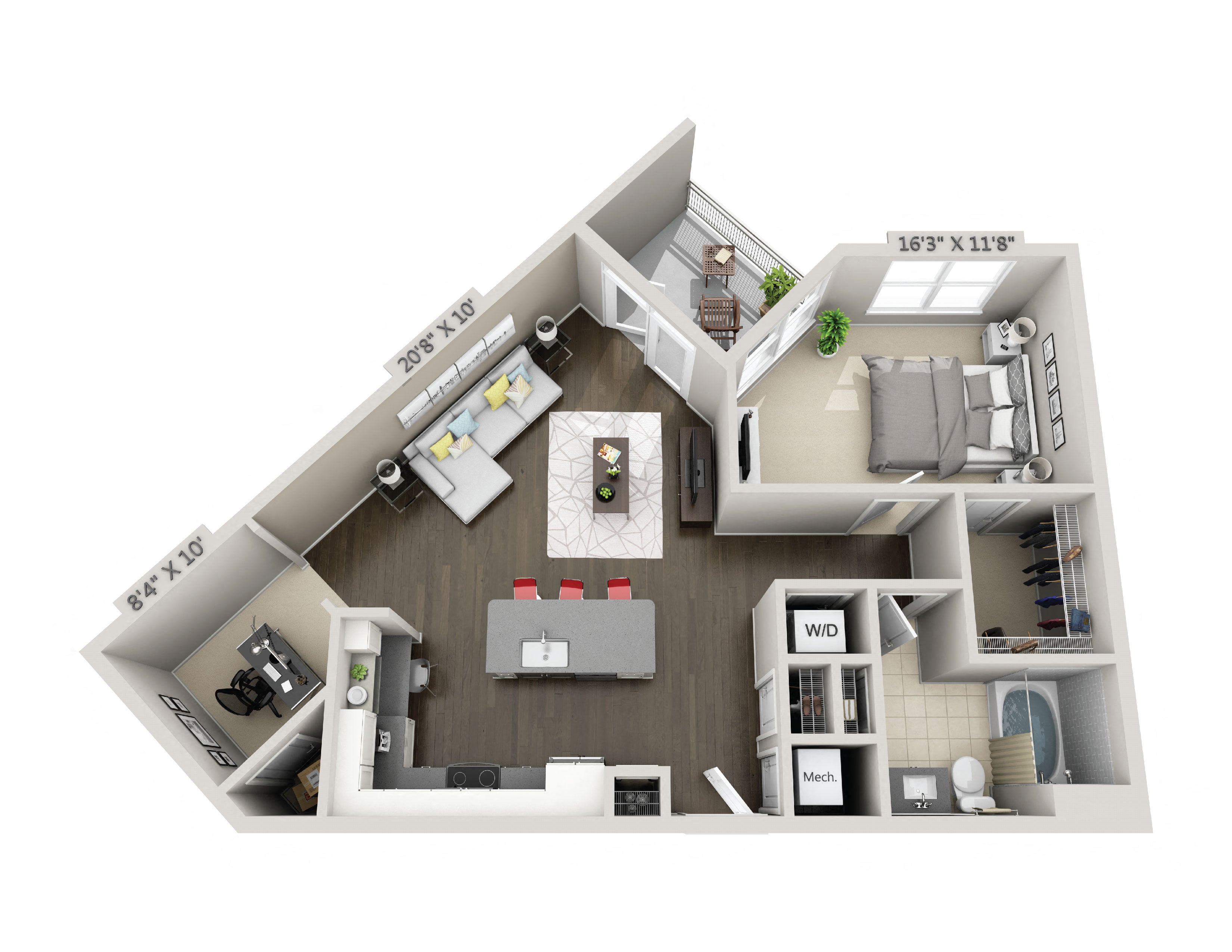 Floor plan for 1 bed, 1 bath, 920 sqft